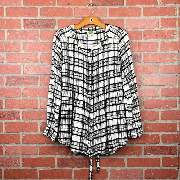 By Anthropologie Black and White Plaid Linen Blend Button Down Tunic Blouse 14 - Picture 2 of 9